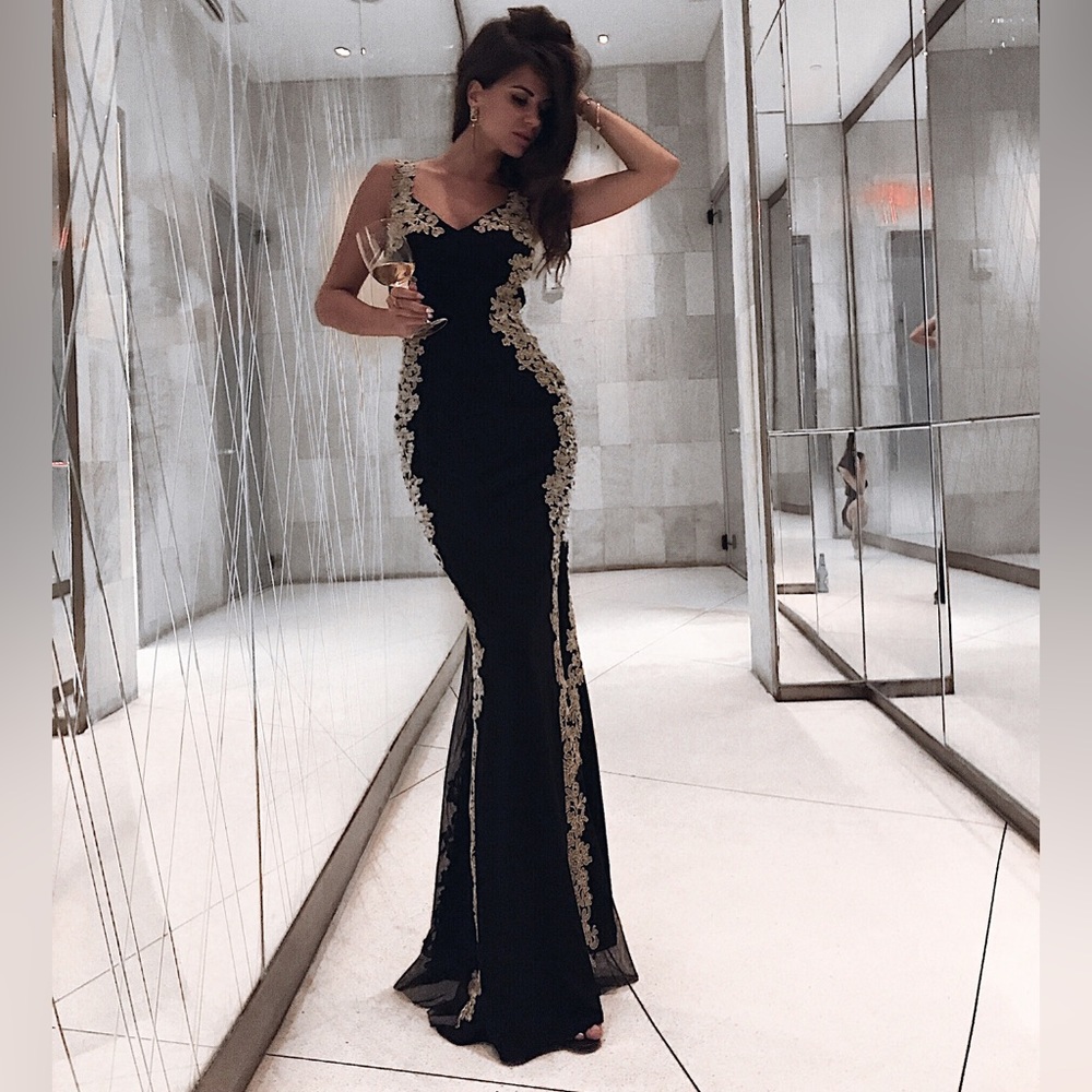 Betsy & Adam Elegant Black Maxi with Gold Accents